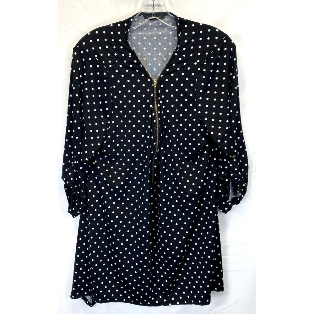 ROBERT LOUIS WOMEN LG BLOUSE, BLACK WHITE POLKA DOTS, STRETCH, 3/4 ZIP & SLEEVES